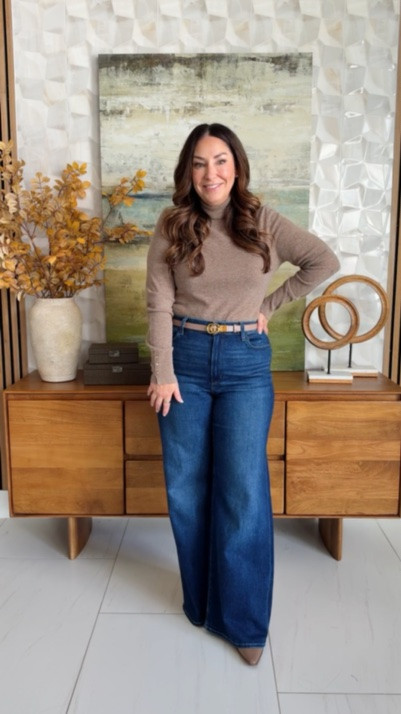 Everyday fall casual — a fitted mocha cashmere turtleneck sweater with button-cuff detail tucked into high-rise dark wash wide-leg jeans and pointed-toe ankle boots. Easy elevated errands-to-lunch outfit.

Sizing: Sweater tts, L | Jeans size down if in-between, 31

#LTKMidsize #LTKOver40 #LTKSeasonal