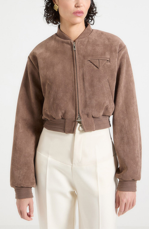 Manière De Voir Monique Suede Wide Shoulder Bomber Jacket in Taupe at Nordstrom, Size 12 | Nordstrom