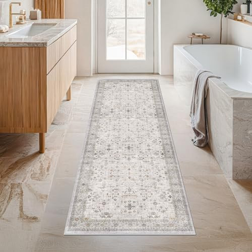 Light Grey 2x5 Boho Bathroom Runner Rug - Modern Eclectic Floral Pastel Neutral Taupe, Washable L... | Amazon (US)