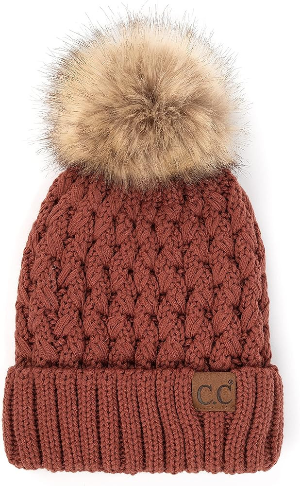 C.C Exclusives Fuzzy Lined Knit Fur Pom Beanie Hat (YJ-820) | Amazon (US)