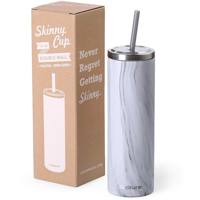 Cupture Stainless Steel Skinny Insulated Tumbler Cup with Lid and Reusable Straw - 16 oz (White M... | Amazon (US)