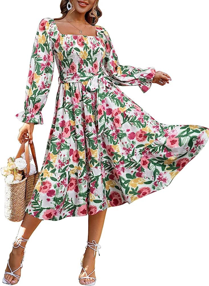 Amegoya Women's Boho Flowy Long Sleeve Square Neck Maxi Dress Floral Ruffle Smocked Tiered Long D... | Amazon (US)