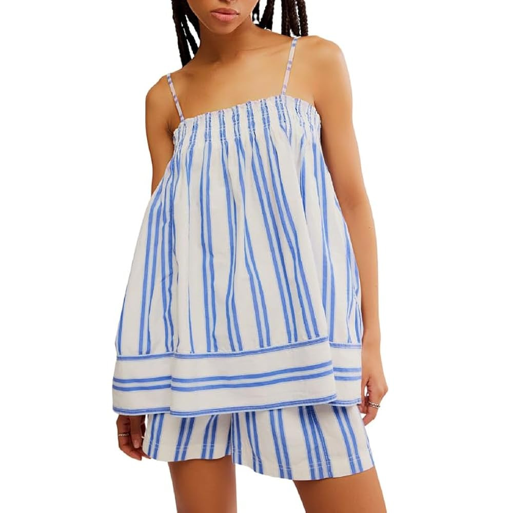Women Y2k 2 Piece Outfits Set Sleeveless Peplum Cami Top and Wide Leg Shorts Loungewear Striped S... | Amazon (US)