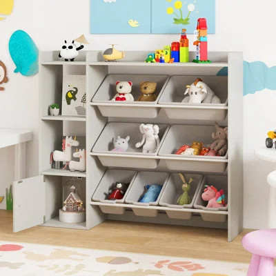 Kids Toy Storage and Bookshelf, Wooden Bookcase with 4 Small Boxes & 4 Large Boxes Gray | Wayfair North America