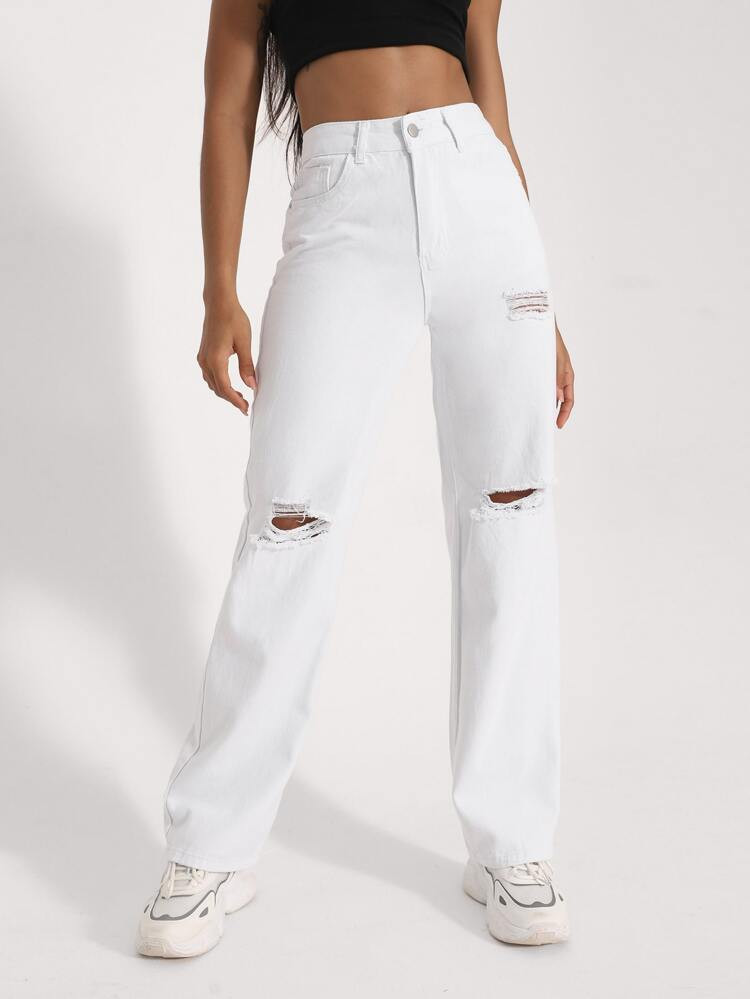High Waist Ripped Frayed Straight Leg Jeans | SHEIN