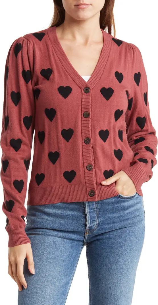 Belldini Heart Print Puff Pleated Sleeve Button Cardigan | Nordstromrack | Nordstrom Rack