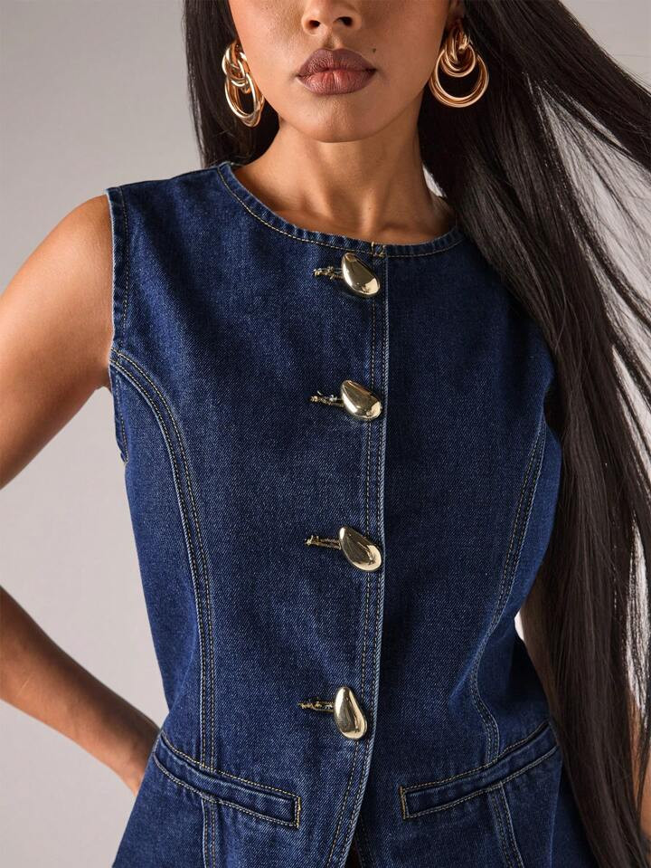 Women's Sleeveless Front Button Denim Top | SHEIN