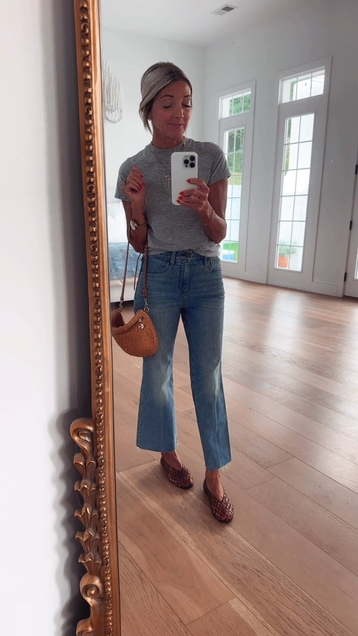 OOTD!!! These are my favorite things!!!!Perfect denim(on SALE)  to go right into fall with a slim fit, and a little bit of kick out at the ankle! I did cut the bottom for a raw hem look! TTS … I also have these in white. They are so good, paired with my favorite tee, a little bit of a splurge, but they last in the material is so soft love the crewneck as well, chocolate jellies I get ask about everywhere I go & so perfect for fall too !!! The  Clare V  leather bag is a must!!!￼

#LTKootd #LTKSaleAlert #LTKBeauty