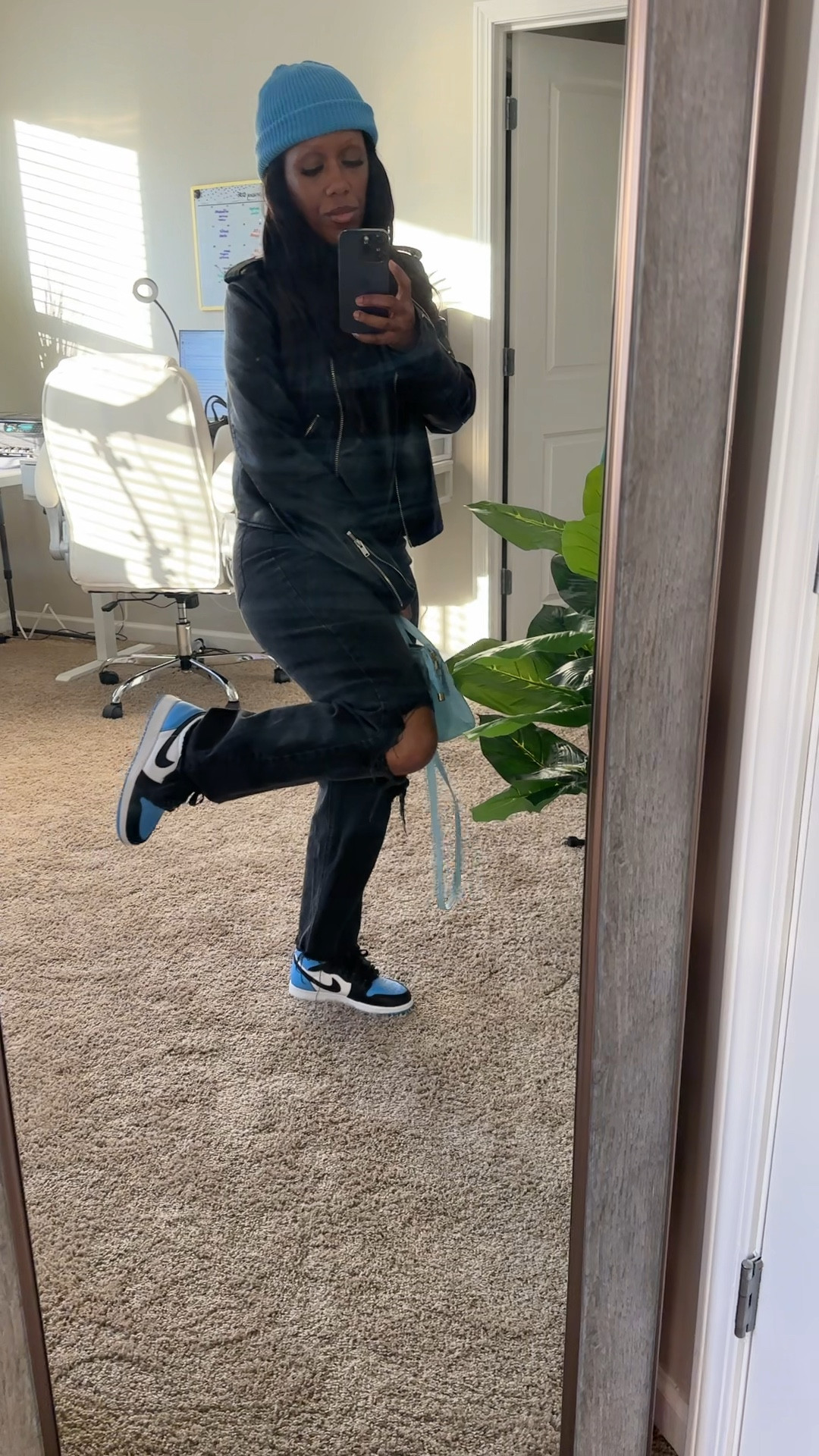 All black outfit with pop of blue. I’m wearing a blue beanie, black faux leather jacket, black crop top, black distressed jeans, blue crossbody bag, and Jordan 1 UNC toe sneakers

#LTKFindsUnder100 #LTKStyleTip #LTKShoeCrush