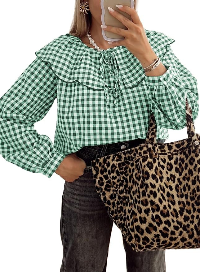 Astylish Womens Plaid Ruffle Peter Pan Neck Blouse Casual Long Sleeve Gingham Trendy Tops Work Ch... | Amazon (US)