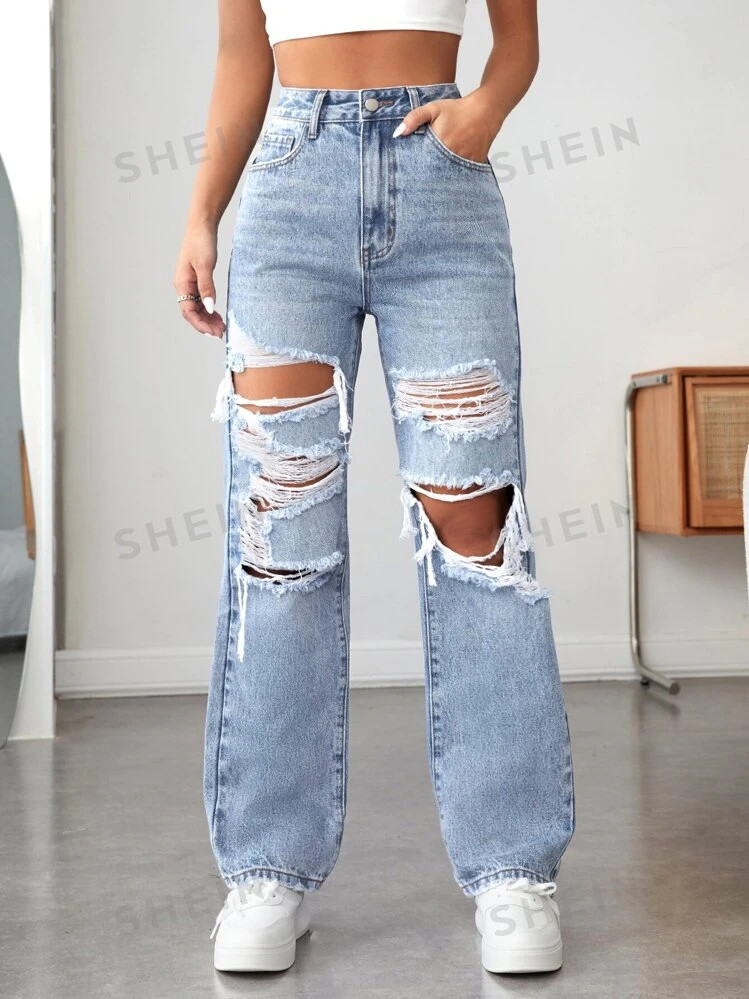 SHEIN PETITE Zipper Fly Ripped Straight Leg Jeans | SHEIN