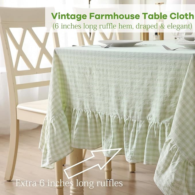Pile Green Gingham Ruffled Table Cloth for Rectangle Table Seat 4-6, 100% Washed Cotton Classic C... | Amazon (US)