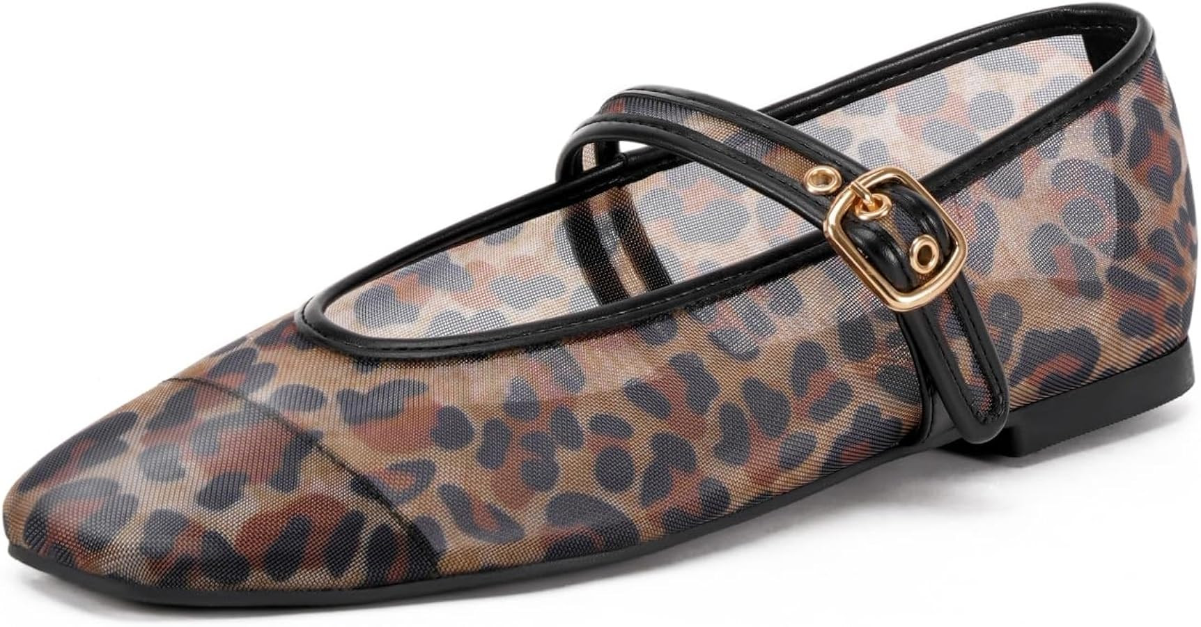 Women's Leopard Print Mesh Ballet Flats - Square Toe Mary Jane Buckle Shoes for Dress | Amazon (US)