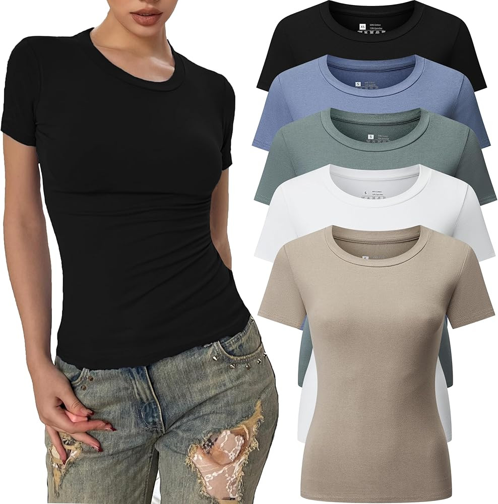 FMNNNN 5pcs Women's Ribbed Short Sleeve Slim Fit T Shirt Crew Neck Bodycon Crop Tunics Going Out ... | Amazon (US)