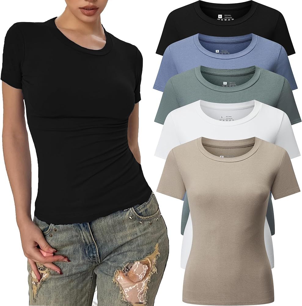 FMNNNN 5pcs Women's Ribbed Short Sleeve Slim Fit T Shirt Crew Neck Bodycon Crop Tunics Going Out ... | Amazon (US)