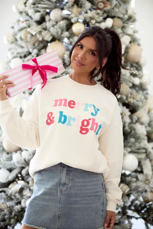 Merry & Bright Cream Graphic Sweatshirt SALE | Pink Lily