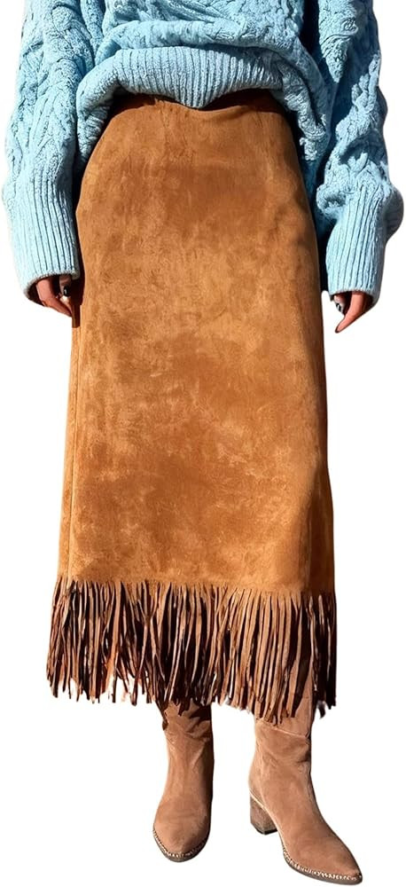 chouyatou Women's Fringe Trim Faux Suede Skirt High Waisted Pencil Dressy Fall Winter Midi Long S... | Amazon (US)