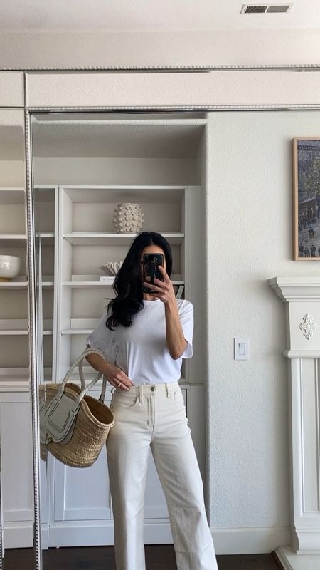 Another good white t-shirt! I’m wearing a small. 

Jeans are Madewell. They are the perfect bone/ecru hue. I went down a size. The color is called “Vintage Canvas”.

Chloe raffia bag. 

Spring essentials 
Best white tee
Basic white t-shirt
Spring bag 
Spring jeans 

#LTKover40 #LTKSeasonal #LTKstyletip