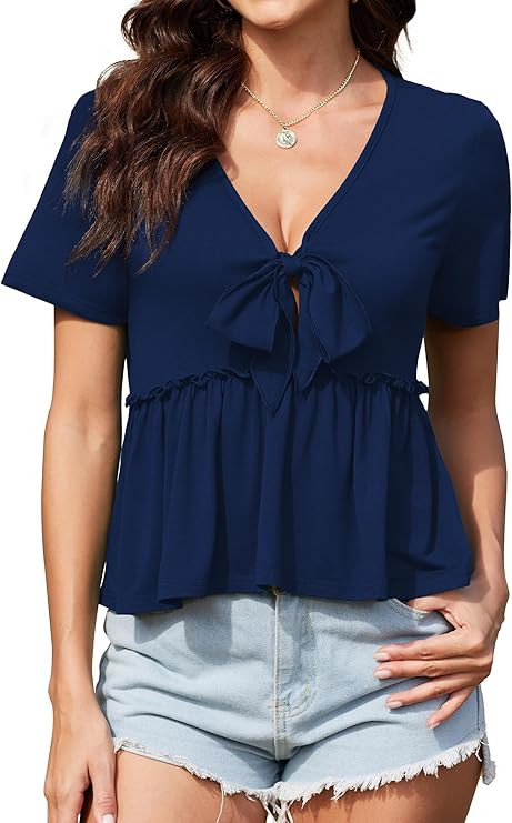 ArtJuly Womens Sexy V Neck Tops Summer Cute Ruffle Shirts Cutout Tie Bow Blouse Short Sleeve Crop... | Amazon (US)