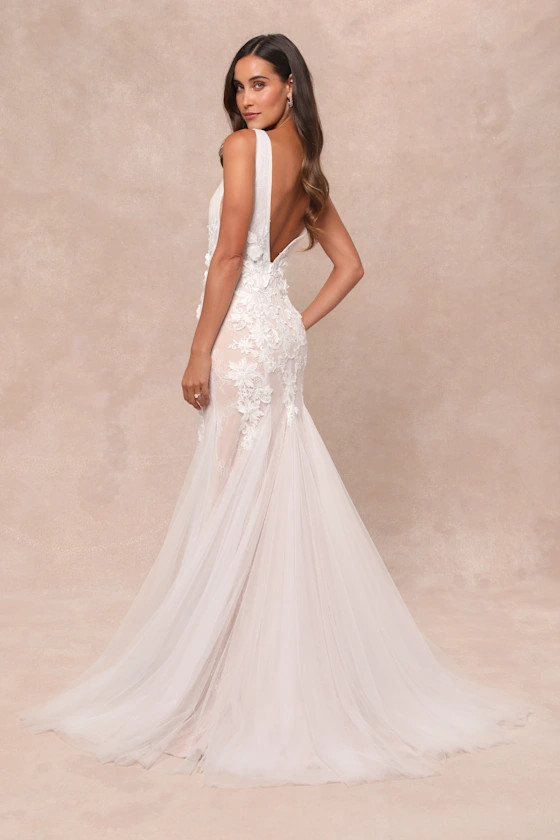 Exceptional Vow White Tulle Lace Applique Mermaid Maxi Dress | Lulus