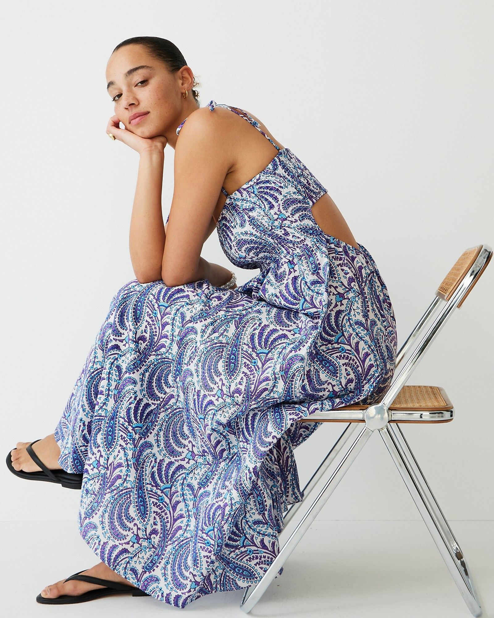 Smocked linen-blend bandeau beach dress in purple paisley | J. Crew US