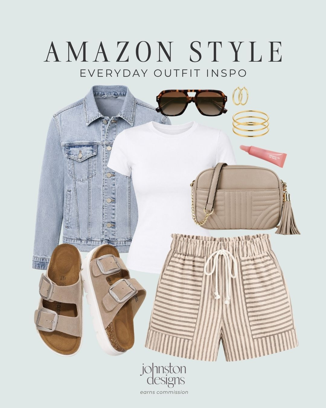 Amazon everyday outfit inspo that’s cute, comfy and easy to wear on repeat 🤎 The denim jacket, striped shorts, white tee, and neutral accessories make this perfect for errands, travel days, school drop-off or casual weekend plans.

Amazon outfit inspo, amazon fashion finds, everyday outfit, casual summer outfit, denim jacket outfit, striped shorts, neutral style, affordable fashion 

 #LTKootd