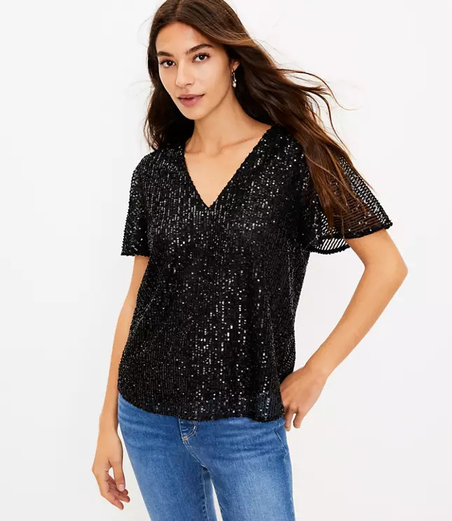 Sequin Flutter Sleeve Top | LOFT