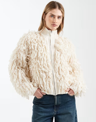 ASOS DESIGN looping high neck zip through cardigan in marshmallow | ASOS (Global)