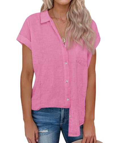 siliteelon Linen Shirts for Women Button Down Shirts Short Sleeve Cotton Collared V Neck Solid Casual Blouses with Pocket Blush Pink Medium | Amazon (US)