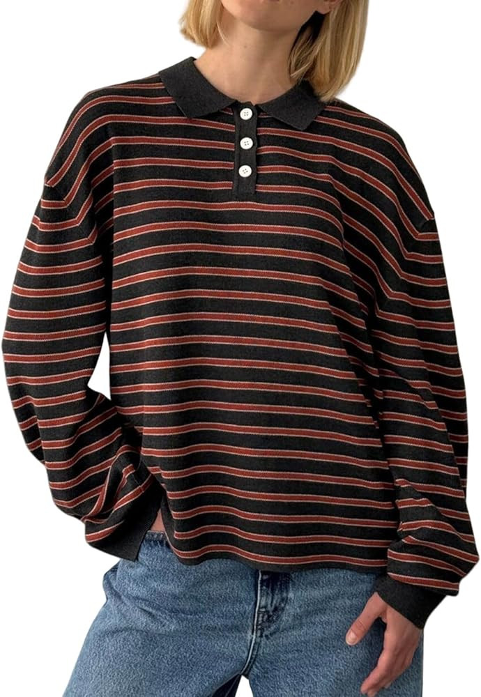 Oversized Striped Sweater for Women Collared Long Sleeve Preppy Polo Sweater Vintage Aesthetic Kn... | Amazon (US)