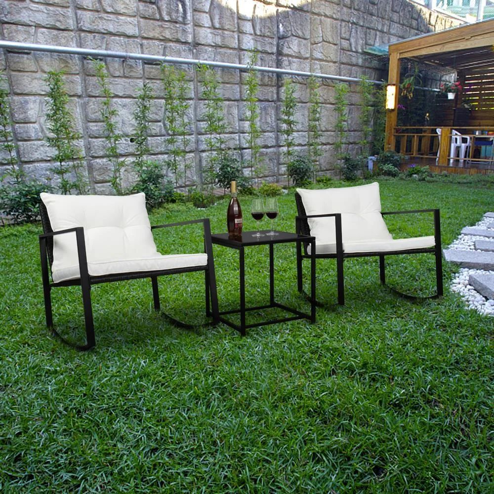 UBesGoo 3 Piece Rocking Bistro Set Wicker Patio Outdoor Furniture - Walmart.com | Walmart (US)