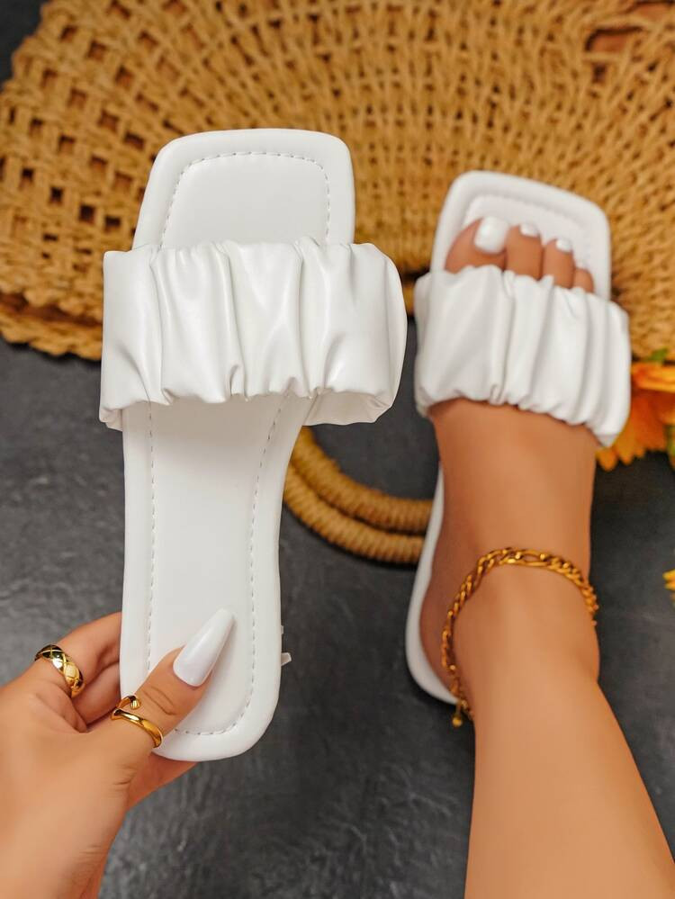 Fashionable Outdoors Flat Slippers for Women, Ruched Plain Artificial Leather Open Toe Slide Sand... | SHEIN