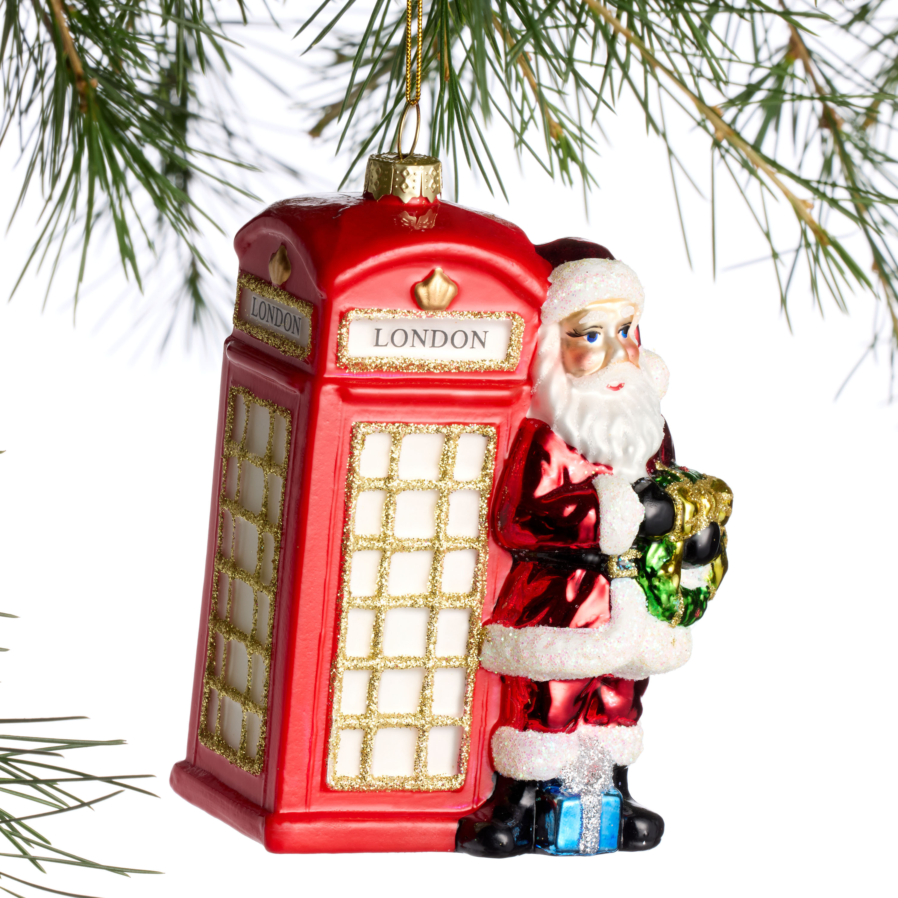 Glass Santa with London Phone Booth Ornament | World Market