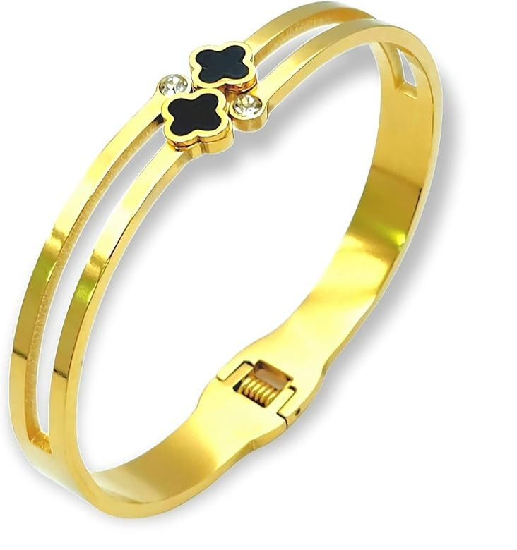 Dainty Clover Bangle Bracelet Stainless Steel Gold Plated With Crystal Accents | Amazon (US)