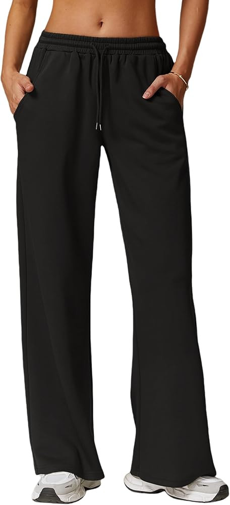 Womens Wide Leg Sweatpants Drawstring High Waisted Baggy Lounge Pants Athletic Joggers with Pockets | Amazon (US)