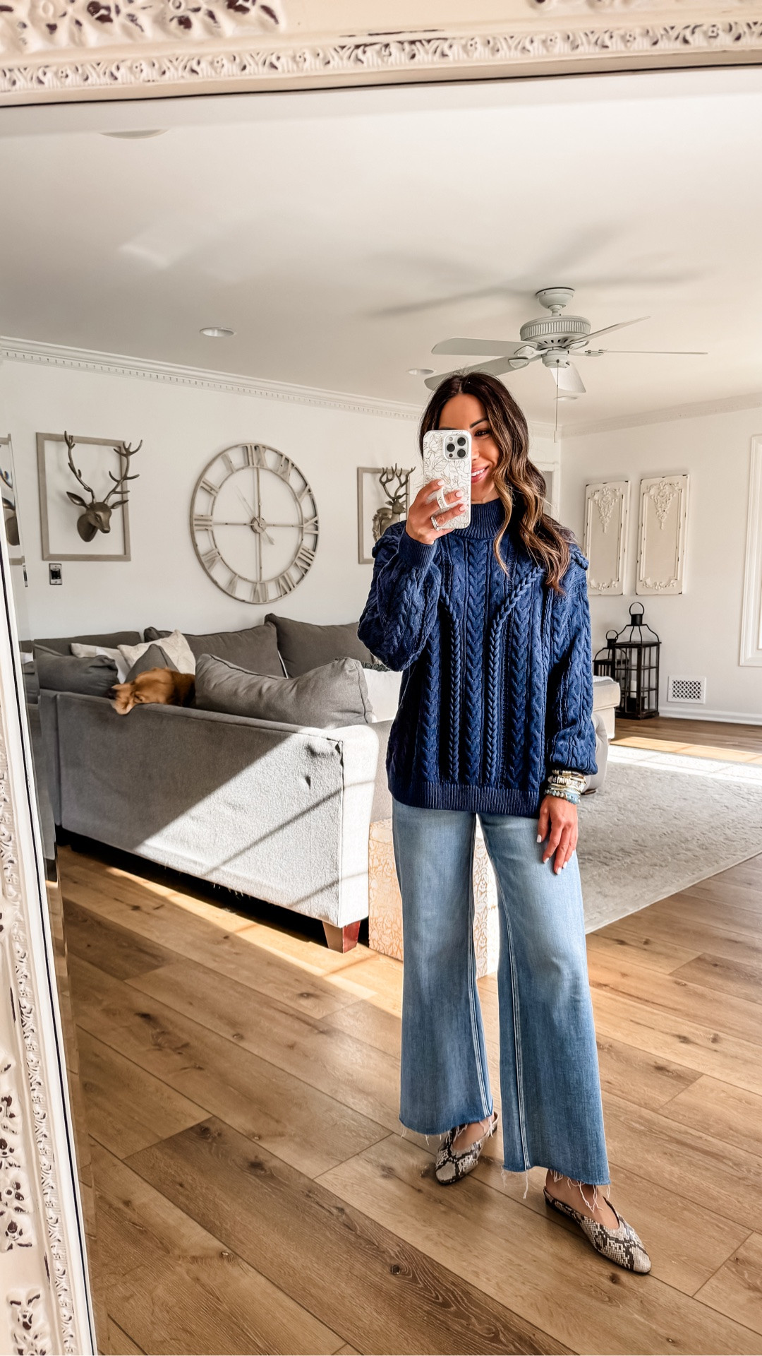 Target style.  Jewelry code HOUSEOFLEO20. Jeans code FF20. Jeans 25. Navy blue sweater small. Shoes TTS.