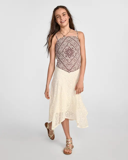 Tween Girls Lace Midi Hanky Hem Skirt - Cream | The Children's Place