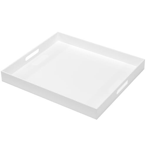 Large Glossy White Acrylic Serving Tray (18×14 Inches) with Cut Out Handles Spill Proof Acrylic Decorative Tray Organiser for Ottoman Coffee Table Countertop | Amazon (US)