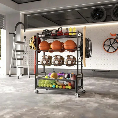 Sports Equipment Organizer- Ball Storage For Garage,4 Tiers Outdoor Toy Storage,Soccer Racks,Basketball Shooting Training Stand Cart With Wheels And H | Wayfair North America