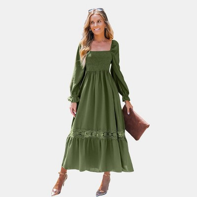 Women's Smocked Square Neck Long Puff Sleeve Maxi Dress - Cupshe-S-Green | Target