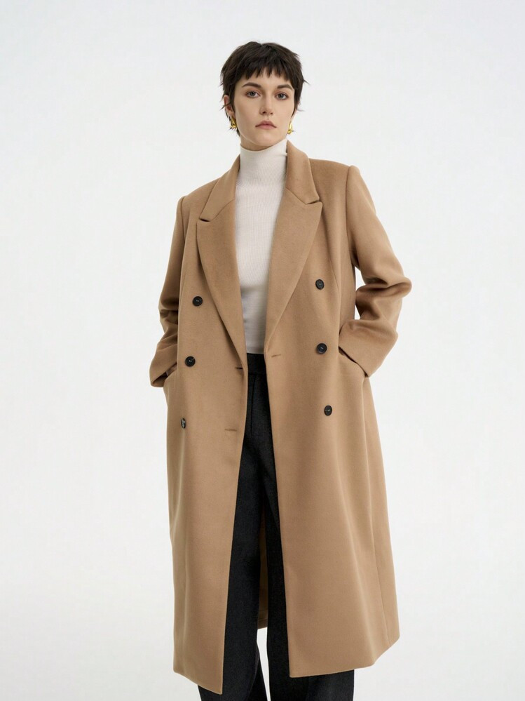 Aalyst Women's Autumn/Winter Fold-Over Collar, Wide Strap, Patch Pocket, Doubled-Breasted Solid Color Long Coat Fall Cloth For Women | SHEIN