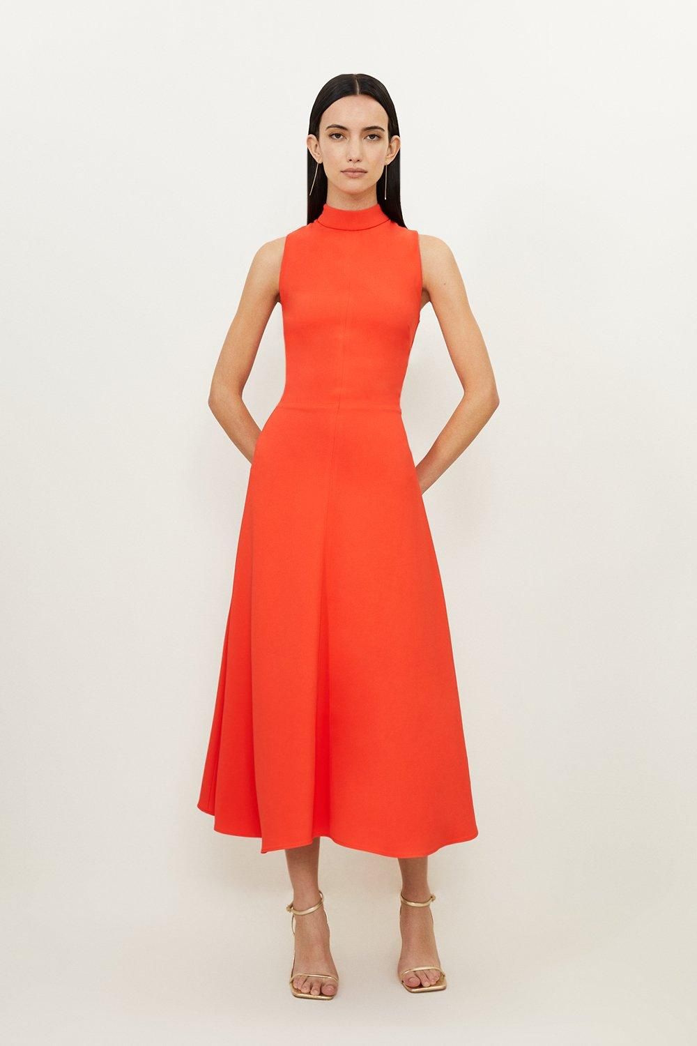 Compact Stretch Viscose Tailored High Neck Tie Detail Midi Dress | Karen Millen UK + IE + DE + NL