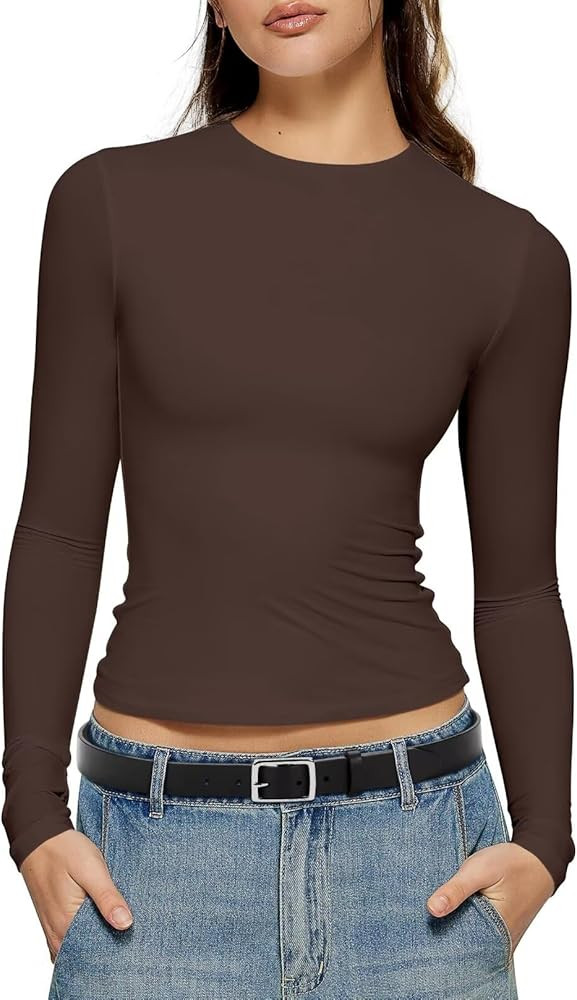 Vertvie Long Sleeve Shirts for Women Crew Neck Double Lined Crop Top Slim Fitted Tight Basic Tees... | Amazon (US)