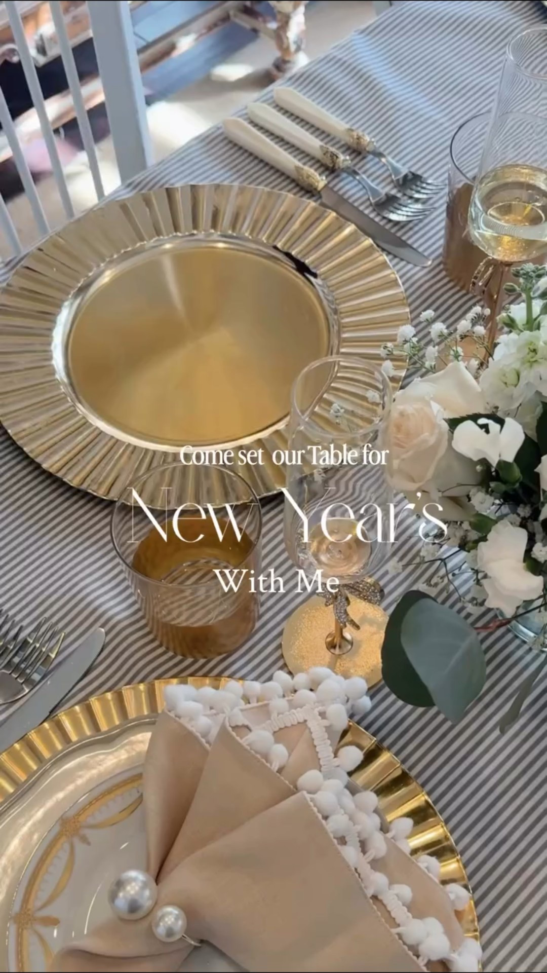 —Happy New Year—

Come set our table for New Years with me🍾✨

Gold and Silver with Pearl details sets the tone for this Beautiful Table.

Featuring scalloped dinner plates by @maisonmadison designed in New York and Handmade in Portugal.

Layered with gold chargers, Vintage china, Pearl handled silverware. This is an elegant place setting.

An assortment of hand picked White fresh flowers,  I arranged in 3 low arrangements paired with Sparkling disco balls are perfect for New Years. 

Pom Pom detailed napkins add a touch of whimsy, while pearl napkin rings add to the elegance. 

A clock strikes midnight and champagne details evokes the feel of New Years. 

Gold Sparkling bow champagne flutes add a touch of femininity…. Perfect for New Years… or maybe a wedding shower.

Comment “shop” for links

#newyearsdinner #newyearsparty #hostingtips #midlifeinfluencers