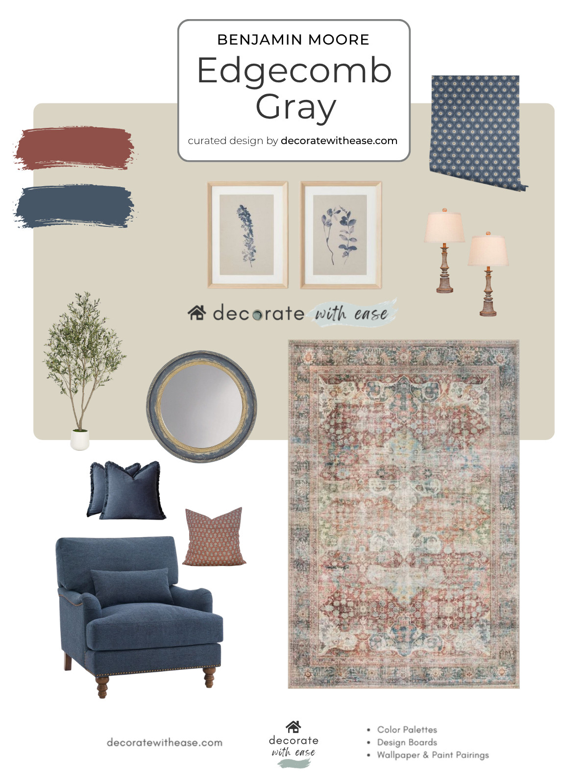 Benjamin Moore Edgecomb Gray is a best selling paint color. It's a great color for a living room with burnt red and dark blue accents like an area rug, chair, lamps, mirror, wallpaper, and more.  

 #LTKHome #LTKSaleAlert