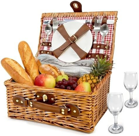 Picnic Basket for 2 - Picnic Basket with Cutlery Kit and Glasses, Insulated Picnic Set with Water... | Amazon (US)