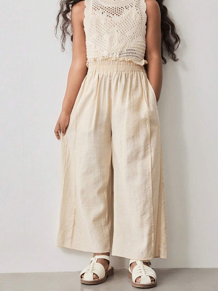 Maija Young Girl's All-Match Loose Wide Leg Pants With Ruffle Waist, Simple Design, Fashion Casua... | SHEIN
