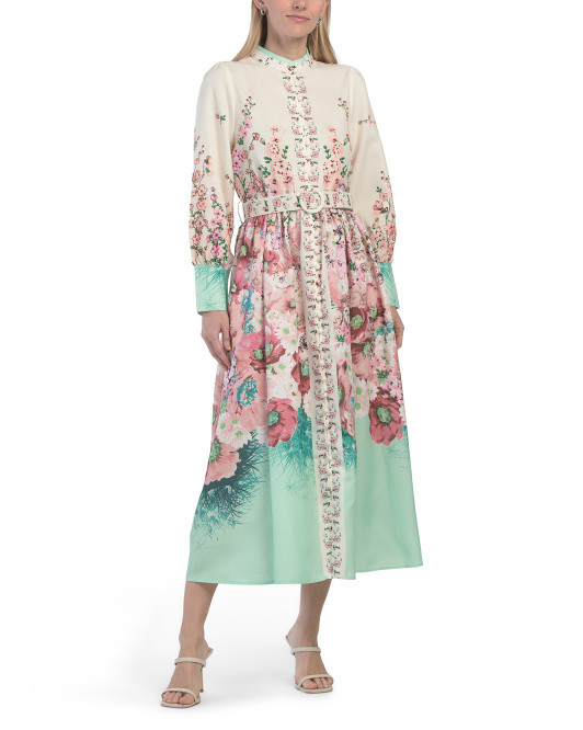 Stand Collar Floral Dress With Belt | TJ Maxx