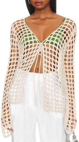 Saodimallsu Womens Long Sleeve Swimsuit Coverup Crochet Hollow Out Tie Front Swim Cover Up Knit C... | Amazon (US)