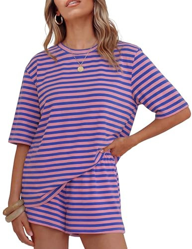 ZESICA Womens Summer 2 Piece Short Sets Striped Oversized Matching Lounge Airport Travel Workout ... | Amazon (US)